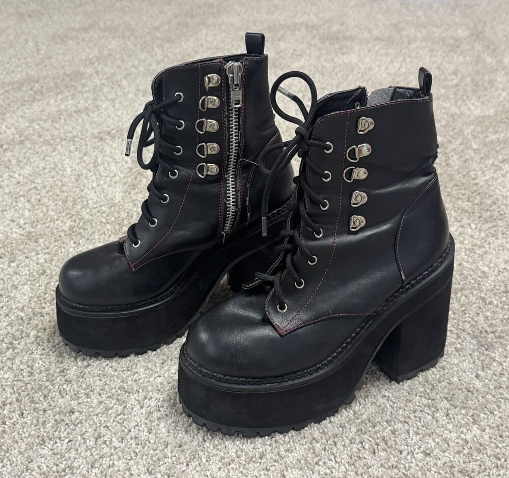 Demonia Assault-100 Black Vegan Platform Combat Boots Side Zip Up Goth Size 8